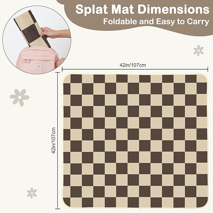 Splat Mat for Under High Chair 42 x 42 Inch Waterproof Baby Splash Mat with Non Slip Bottom Reusable Portable Highchair Mat for Floor Food Catcher for High Chair, Gray Checkerboard