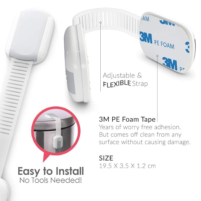 Child Safety Strap Locks - 24 Pcs Baby Proofing kit - Cabinet, Drawer, Cupboard, Toilet Seat, Refrigerator, Oven, Dishwasher Locks - 3M Adhesive Adjustable Toilets Seat Fridge Latches - No Drilling