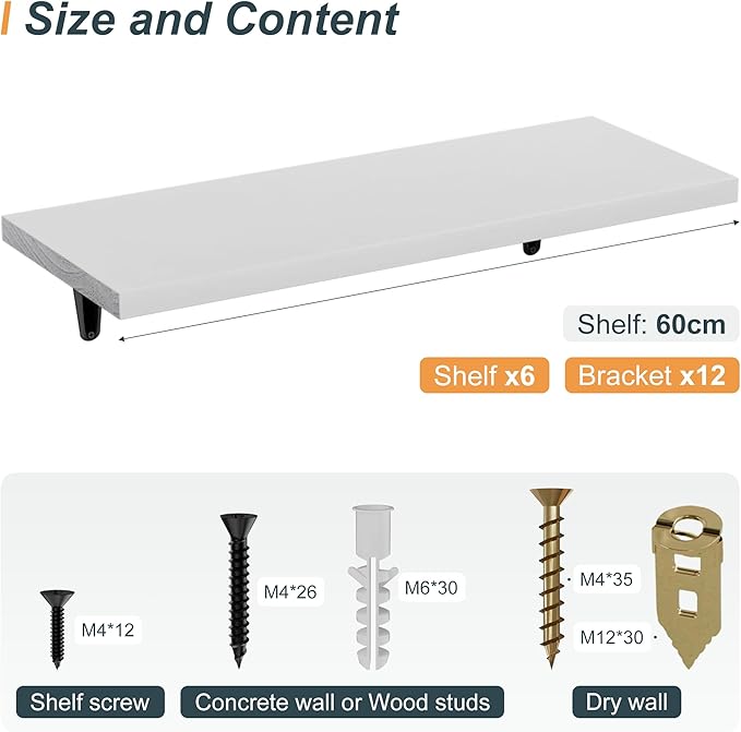 SKYSEN Floating Shelves for Wall Set of 6, 23.6in Wood Wall Shelf for Decor, Bathroom, Bedroom, Storage, Book,Kitchen, Living Room - White(fs-60-w)