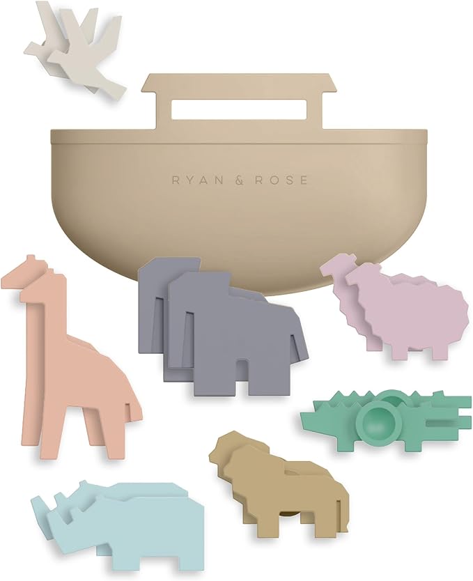 Noah's Ark Suction Toys - 1 Ark, 14 Animals (7 Pairs) - Toddler Bath Toys, Baptism Gifts for Boys, Mold Free No Hole Silicone