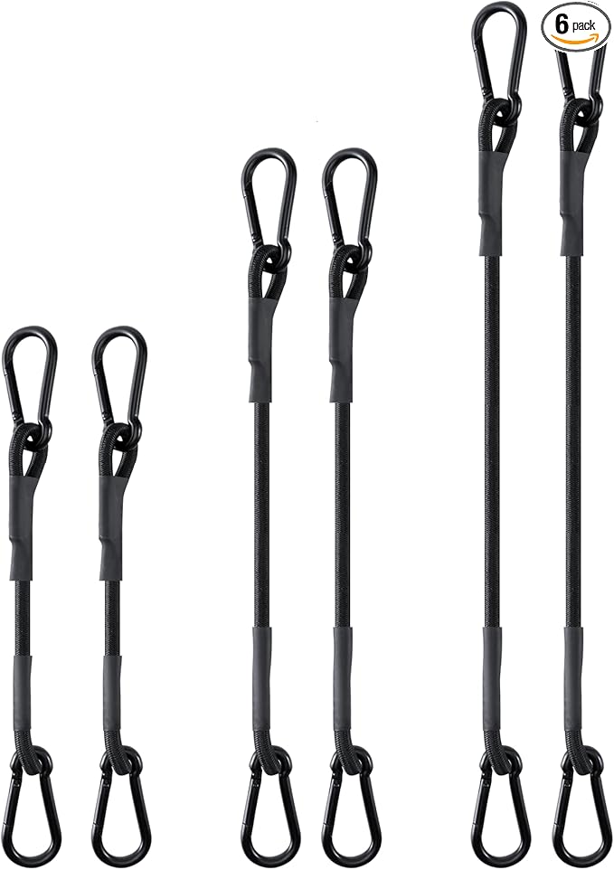 190 Lbs Real Heavy Duty Carabiner Bungee Cord, 18'' 24'' 36'' Bungee Cords Assorted Sizes with Upgraded Carabiner Hooks, 6 Pcs UV Resistant Bungee Straps for Tents, Cargo, Kayak Boat, Luggage, etc