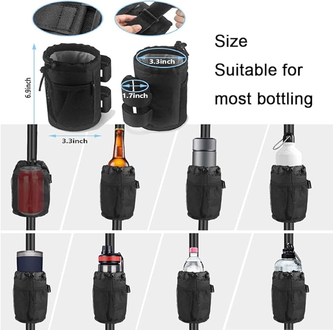 [2 Pack] Cup Holder for Bike,Scooter and Wheelchair,Water Bottle Holder for Walker,Golf Cart and Beach,Universal Drink Holder Accessories with Net Pocket and Cord Lock