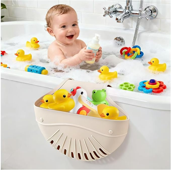 Silicone Bath Toy Organizer for Tub, Flexible 2-Compartment Bathtub Storage Basket for Kids & Adults, Drainable Toy Holder and Foldable Shower Caddy for Bathroom Essentials（Beige）