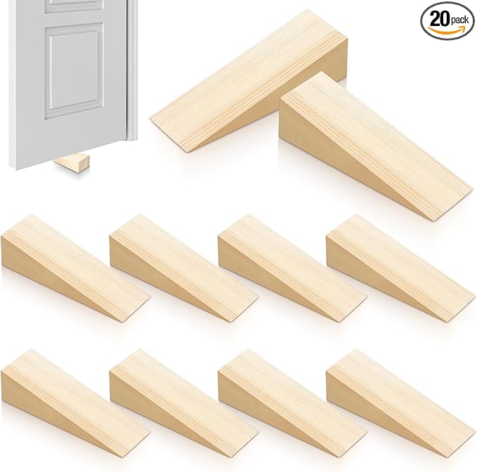 Wooden Door Stop Stopper Shims, 20 Pack Solid Non-Slip Doorstop Firefighter Wood Doors Stopper Wedge Triangle Wood Block Security Doors Stoppers for Bottom of Tile Concrete Carpet Wooden Floor