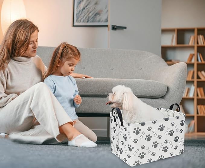 Sanjiaofen Rectangular Dog Basket,Dog Toy Bin,Dog Storage Basket Organizer.Waterproof PE Coating Puppy Storage Bin with Handles.Dog room decor,Dog Toys,Books,Kid's Gifts basket. (Dog Paw)