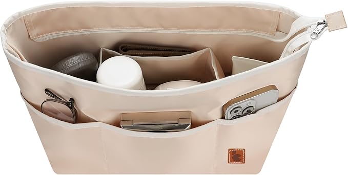 SDANG Purse Organizer Insert with Zipper – Pink Handbag & Tote Bag Organizer | Bag-in-Bag Insert with Pockets for Purses, Totes & Travel(Beige,Medium 28)