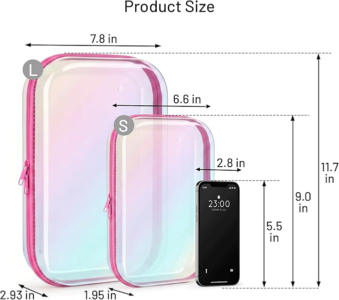 Clear Hard Shell Zipper Case,Makeup Bag,Iridescent Toiletry Bag,2pcs Large Capacity Water-resistant Toiletries Bag,Portable Travel Organizer and Storage,Bathroom Clear Cosmetic Case for Women