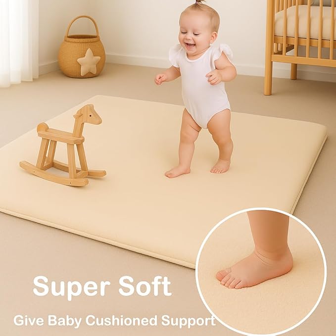 Baby Play Mat for Floor, 1.2″ Thick Foam 47X47 Playpen Mat, Ultra-Soft Velvet for Tummy Time & Crawling, Non-Slip Backing and Easy to Clean, Safe for Infants, Toddlers, and Kids (Cream)