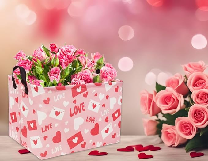 TIBAOLOVER Rectangular Pink Basket Heart Basket Baby Girls Basket Valentines Gift Basket Cute Kids Toy Storage Bin Organizer Shelf Book Basket Love Room Decor(Valentines Basket)
