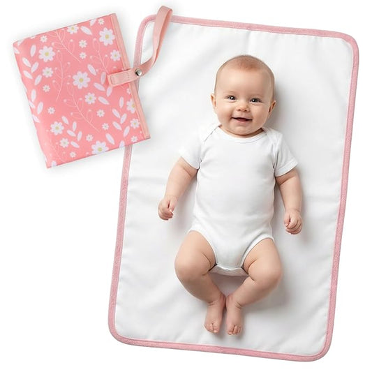 Portable Diaper Changing Pad for Baby - Waterproof Compact Changing Mat with Wrist Strap - Wipeable Travel Changing Pad for Diaper Bag - Gifts for Baby Shower by PHOEBUS BABY(Pink Flowers)