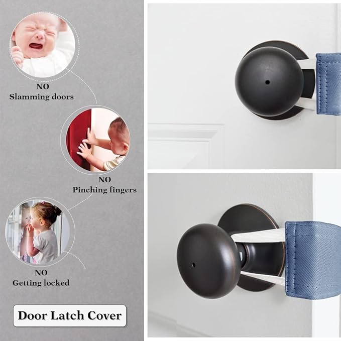 PONY DANCE Baby Door Latch Cover Closer - Nursery Door Silencer with Strong Elastic Straps, Thick Solid Cushion for Noise Reduction, Prevents Slamming, 3 Pieces, 4W x 2L Inches, Blue Haze