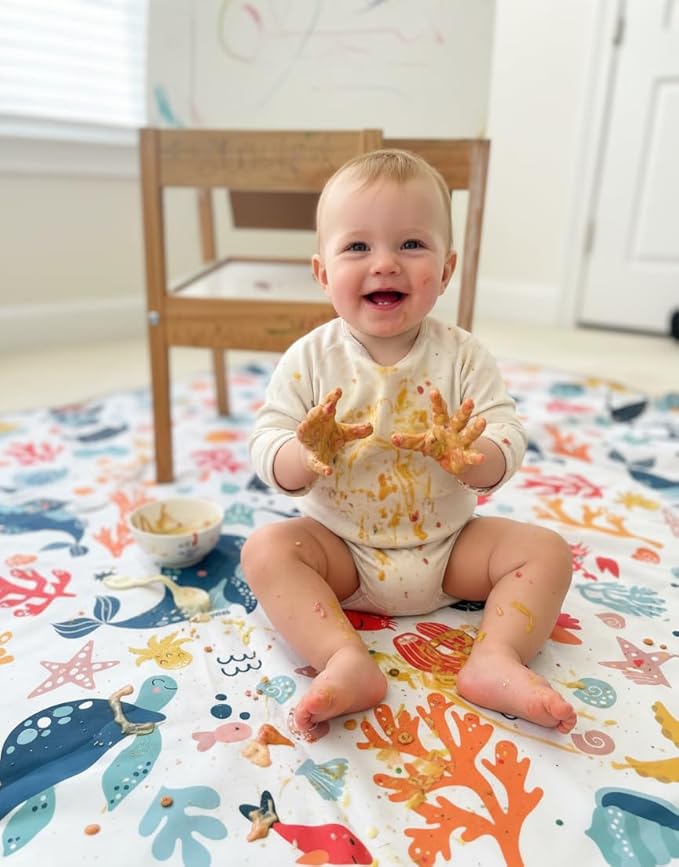 Waterproof High Chair Splat Mat – Machine Washable Floor & Table Protector for Baby Feeding, Art & Crafts, Outdoor Use (Ocean, 57x118 Inch)
