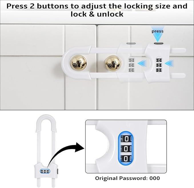 4 Pack Cabinet Locks with Combination U Shaped Sliding Cabinet Door Lock Child Proof Cupboard Locks Baby Proof Adjustable Safety Lock for Closet Code Latches Knob Handle Drawers - White