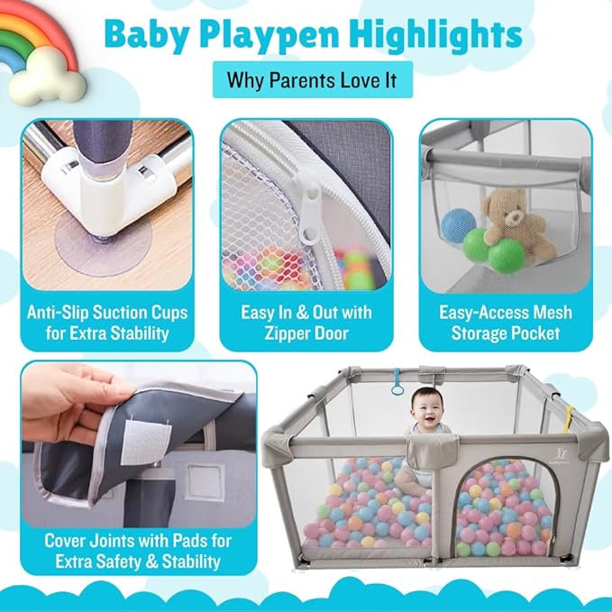 Baby Playpen for Babies & Toddlers, Large Playpen with Breathable Mesh, Anti-Slip Suction Cups, Zipper Door, Portable Indoor Outdoor Baby Play Yard with Balls & Storage Bag