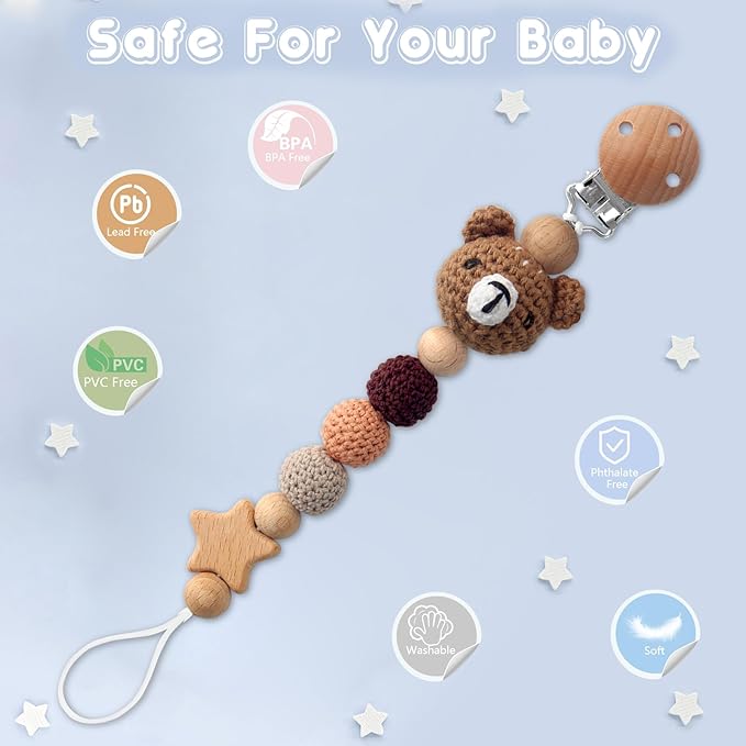 Pacifier Clip, Cute Animal Pacifier Holder Clip for Boys and Girls, Most Pacifiers, Baby Teethers, Baby Shower and Baby Essentials(Bear)