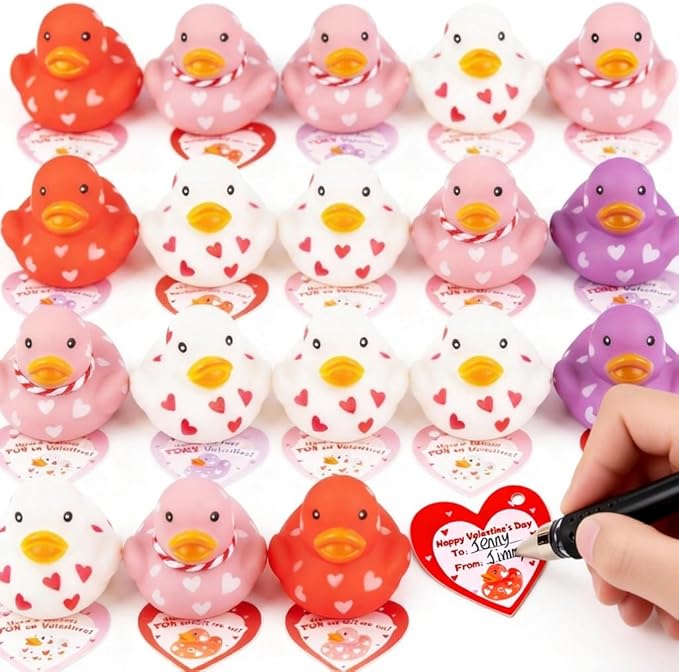 28 Packs Valentines Day Gift Cards with Cute Mini Rubber Duck 2.4x2.4 Bath Toys for School Classroom Valentine’s Exchange Greeting Cards