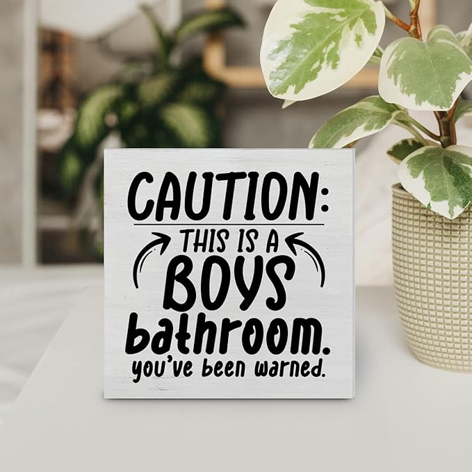 Country Caution Boys Bathroom Wood Box Sign Decor Desk Sign Humor Bathroom Wooden Box Block Sign Rustic Home Toilet Shelf Wall Decoration