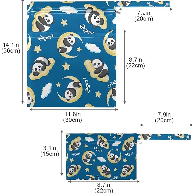visesunny Panda Sleeping On Clouds Moon 2Pcs Wet Bag with Zippered Pockets Washable Reusable Roomy Diaper Bag for Travel,Beach,Daycare,Stroller,Diapers,Dirty Gym Clothes,Wet Swimsuits,Toiletries