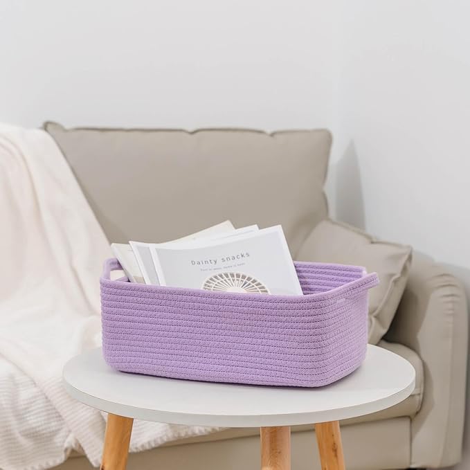 CubesLand Cute and Durable Small Cotton Rope Basket for Organizing, Woven Closet Storage Bin,Shelves Closet Storage Basket, Bathroom Storage Organizer Bin, Nursery Toy Basket Bin, Purple Basket
