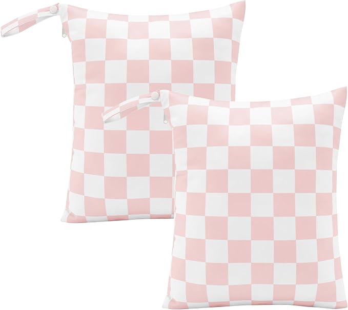 Ohocut Pink Checkered Waterproof Wet Dy Diaper Bag for Baby Essentials, Travel, Swimsuit, Beach Bag Accessories, Aesthetic Trendy Cute Toddler Baby Cloth Bag Pouch, Pack of 2