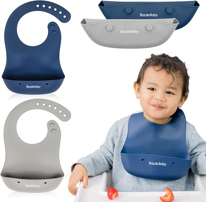 Bazzle Baby Silicone Bibs with Food Catcher - Rolls Up and Button closed for easy travel and storage Waterproof 2-Pk