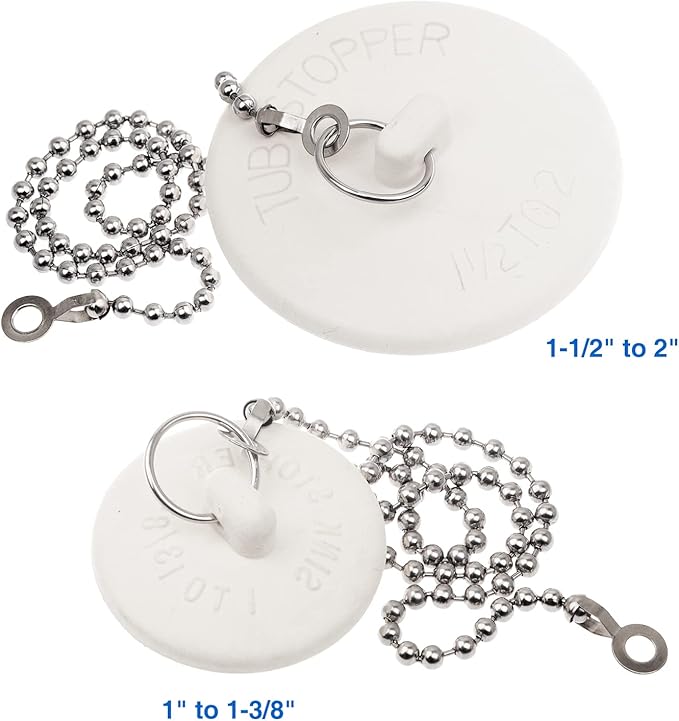 6 Packs Tub Stopper, Rubber Bathtub Stoppers Drain Plug, 2Pcs 15" Stainless Steel Beaded Chain, 6 Different Sizes Premium Bathroom Plug Fit for Kitchen, Bathroom Bath tub and Laundry Sink, White