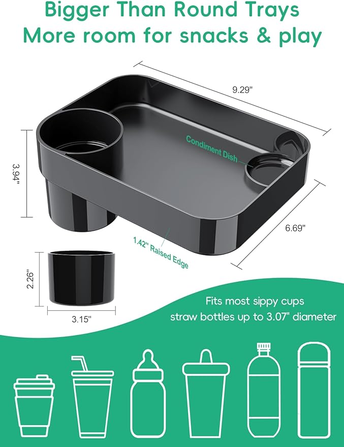 2PCS BBSDA Car Seat Cup Holder Snack Tray for Kids, Reduces Mess, Detachable Large Base & Adjustable Ring, Carseat Tray for Toddler, Car Seat Food Tray Table for Kid Travel Road Trip Essentials