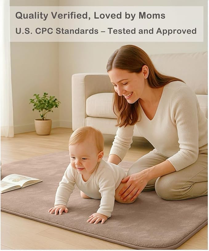 Baby Play Mat for Floor, 1.2″ Thick Foam 74X50 Playpen Mat, Ultra-Soft Velvet for Tummy Time & Crawling, Non-Slip Backing and Easy to Clean, Safe for Infants, Toddlers, and Kids (Lightbrown)