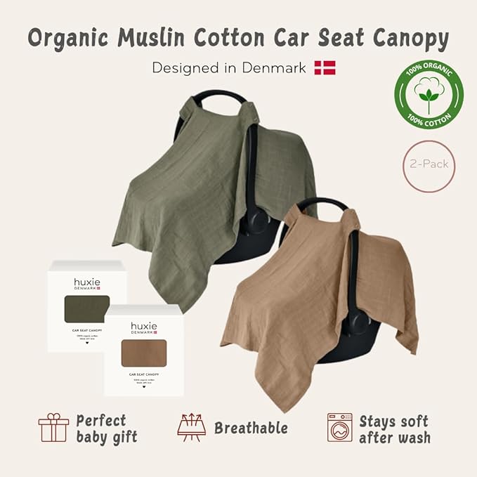 Car Seat Cover Baby - Organic Muslin Cotton - Carseat Canopy - 43" x 32" 2-Pack (Sage Green/Natural)