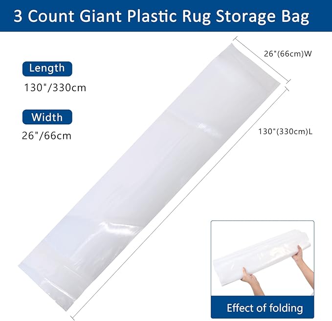 Belinlen 3 Count Giant Plastic Rug Storage Bag 26"W x 130"L Carpet Storage Bags Fits Rug up to 9'x12' Perfect for Indoor Outdoor Carpet Storage, Moving and Shipping