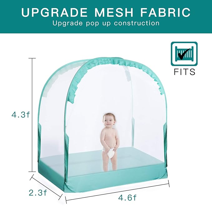 L RUNNZER Crib Pop Up Tent Baby Safety Mesh Cover Mosquito Net Toddler Bed Canopy Netting Cover Protect Baby from Biting and Falling, Emerald, 51 x 51 x 27 Inch