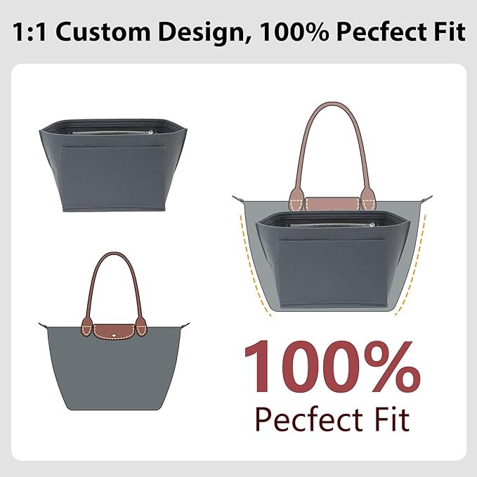 Premium Felt Purse Organizer Insert Compatible with Longchamp Le Pliage Large and More, Zipper Long Champ Bag Organizer Insert with Cup Holder, 8 Compartments (Light Gray,L)
