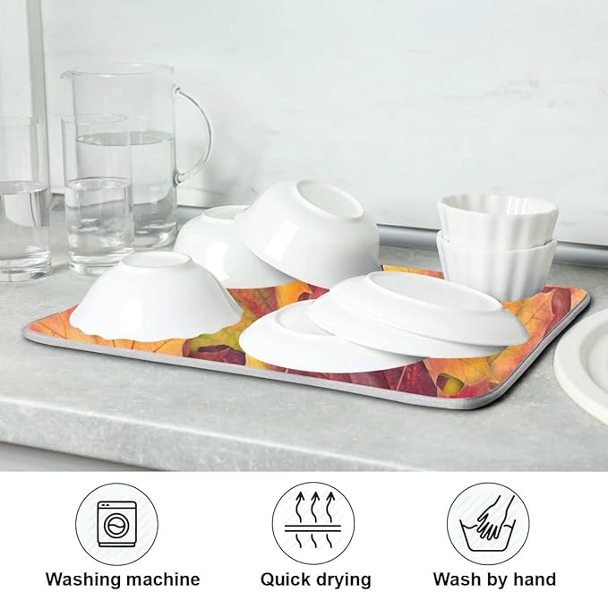 Colorful Autumn Maple Leaves Dish Drying Mat for Kitchen Counter Fall Drying Mat 18 x 24 Inch with Absorbent Reversible Microfiber Dish Drying Pad Dish Rack Drainer Mats for Coffee Bar