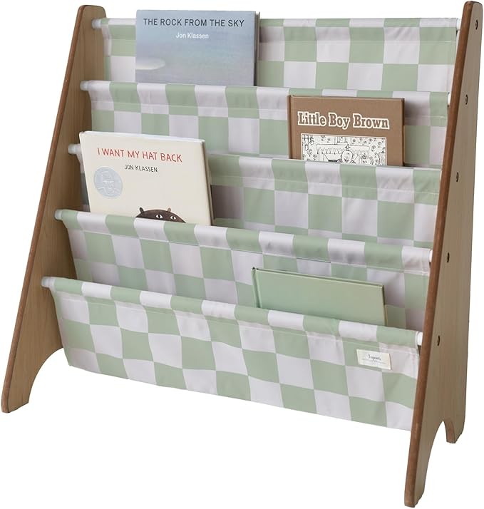 3 Sprouts Recycled Fabric Kids Bookshelf – 4-Tier Sling Book Rack Organizer - Nursery Room Playroom Classroom Wooden Book Shelves - Kid Bookcase Wood Storage Shelf for Toddler Age 3+ - Checkered Green