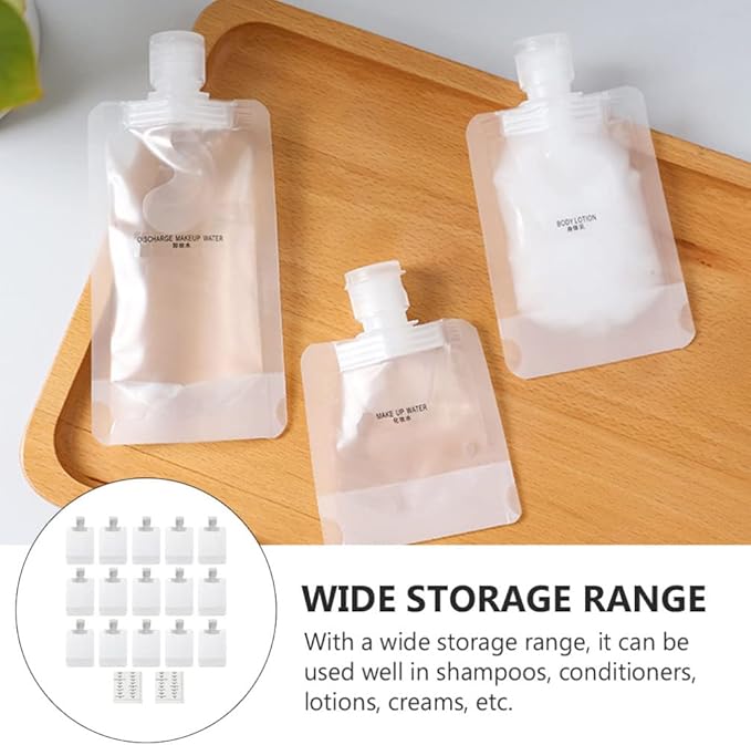 KALLORY Travel Refillable Cosmetic Sub-Packing Bags Set 15Pcs 1 Oz Empty Lotion Sample Pouches for Shampoo Conditioner Creams Toiletries Skin Care Storage