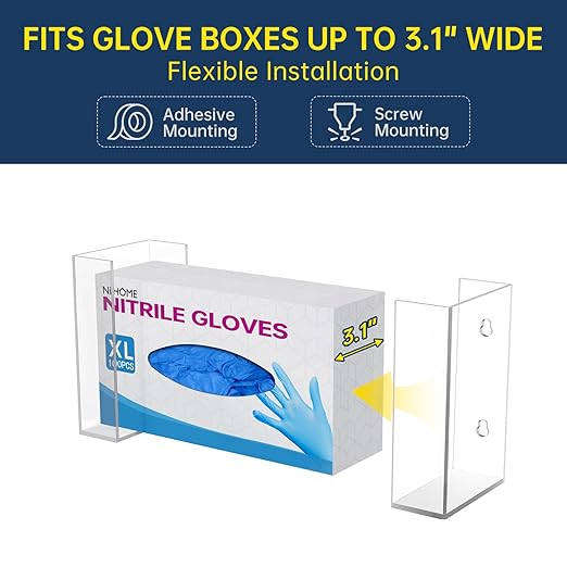 NiHome Clear Acrylic Wall Mount Glove Box Holder Tissue Box Dispenser for Kitchen, Bathroom, Garage, Lab, Salon, Space-Saving Adjustable Organizer for Gloves, Tissues, Easy to Insatll (1-Tier)
