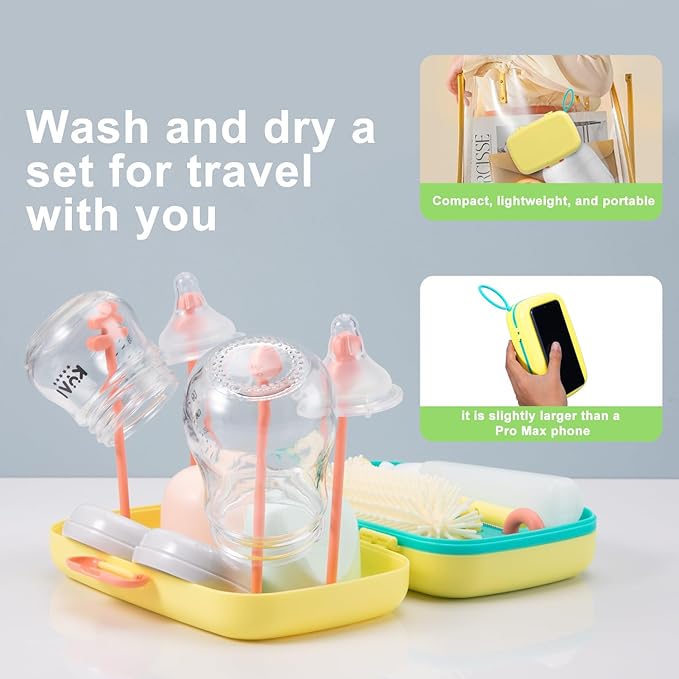 Suvast 7in1 Travel Bottle Cleaner kit,Baby Essentials, with Bottle Brush、Nipple Brush、Straw Cleaner Brush、Soap Dispenser、Bottle Drying Rack、Drainage Tray、Storage Box,Baby Travel Essential (Yellow)