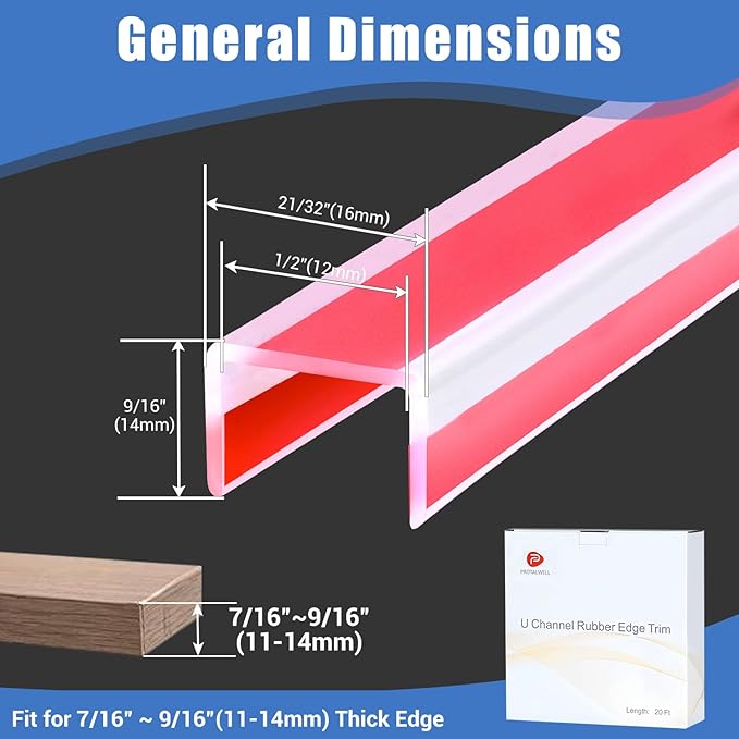 Clear Rubber Edge Trim, Self-Adhesive White Color Rubber Edge Trim, Big Size Edge Protector for Plywood, Glasses or Flexi-Glass, Silicone Rubber Material, Fit 1/2"(12mm), Deep U Channel Edge Guard