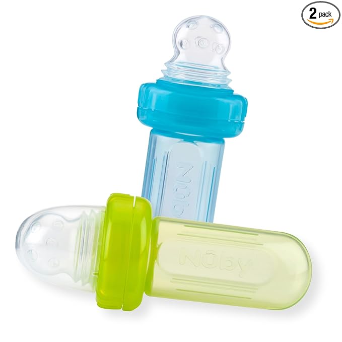 Nuby 2pk EZ Squee-Z Silicone Self Feeding Baby Food Dispenser, 2-Pack, Aqua and Green