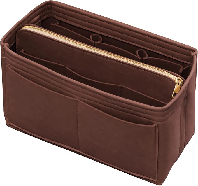 Purse Organizer Insert with Zipper Felt Bag Organizer Handbag Organizer Insert Bag in Bag Organizer with Key Chain for Tote Purse Bag Brown Large