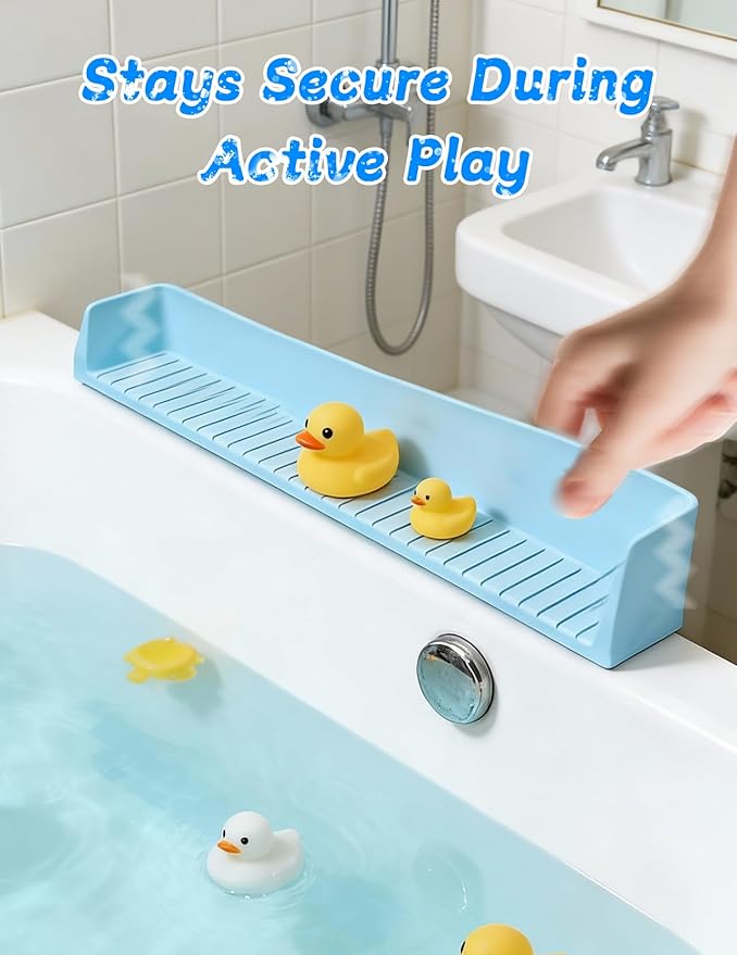 Splash Guard for Bathtub 31.5 Inch Silicone Tub Splash Guard with 11 Suction Cups Foldable Bath Toy Holder & Play Shelf Prevents Water Spills for Standard Tubs (Sky Blue)