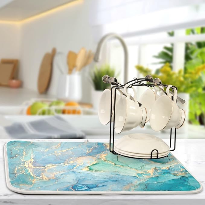 Marble Dish Drying Mat for Kitchen Counter Blue Teal Turquoise Gold Drying Mat 18 x 24 Inch with High Absorbent Reversible Microfiber Dish Drying Pad Dish Rack Pad Drainer Mat for Coffee Bar
