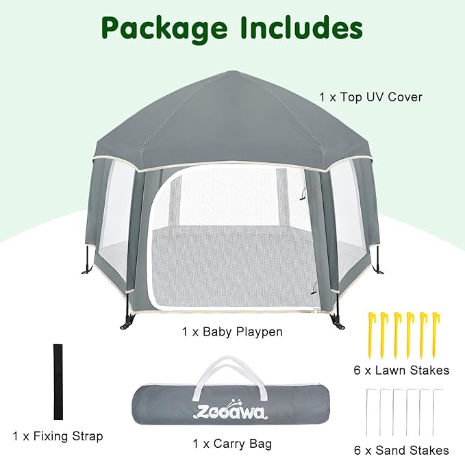 Zooawa Pop Up Playpen for Baby, 150*100 cm(L*H) Playpen for Babies and Toddlers with Removable Sun-Shades& 2 Side UV Covers, Lightweight Outdoor Baby Play pen for Beach Home with Travel Bag,Light Gray