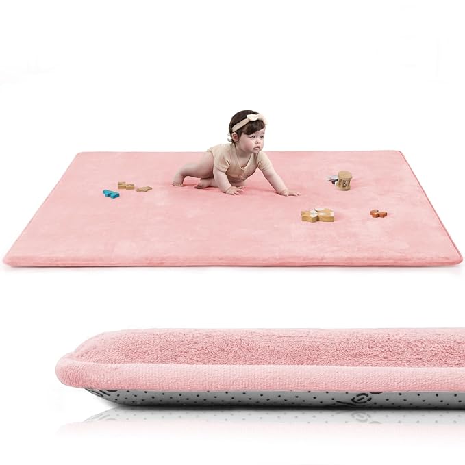 Huloo Sleep Extra Large 79"×158" Baby Play Mat for Floor,1.3" Thick Elasti Foam Playroom Mat for Toddler,Infant,Kids,Ultra Soft Velvet Classroom Rug,Non Slip Backing Safe for Crawling&Tummy Time（Pink）
