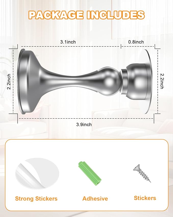 Crosize Magnetic Door Stoppers 6 Pack, Stainless Steel Door Stops for Wall and Floor Mounting, Door Holder Keep Door Open, No Drilling Door Stop with 3D Adhesive Tapes, Silver