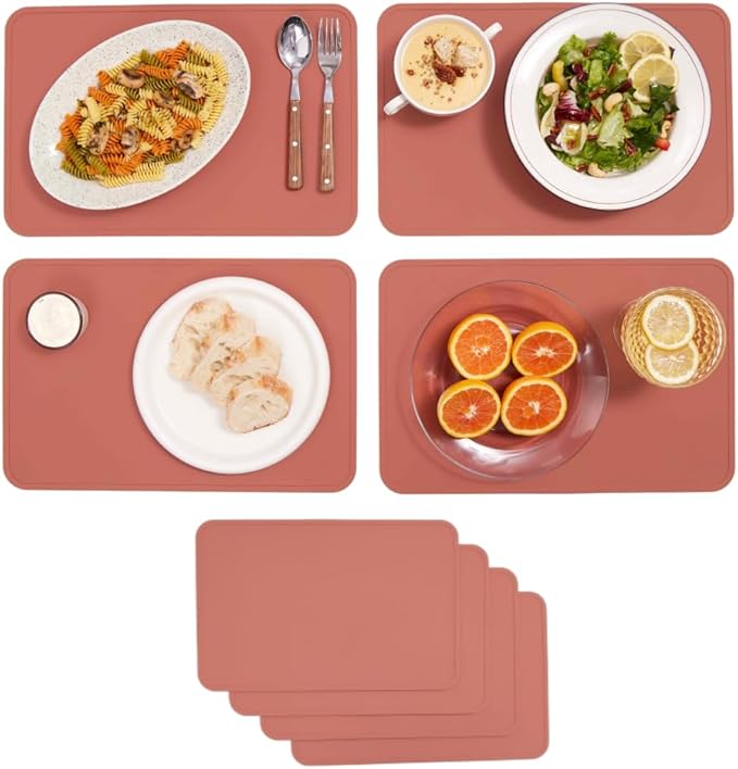 JUNO Silicone Placemat Set of 4 for Adults, Baby, Toddlers, Kids. Modern Design, Easy to Clean, Waterproof, Washable, Stain & Heat Resistant, Non-Slip, Food-Grade, 3mm Extra Thick