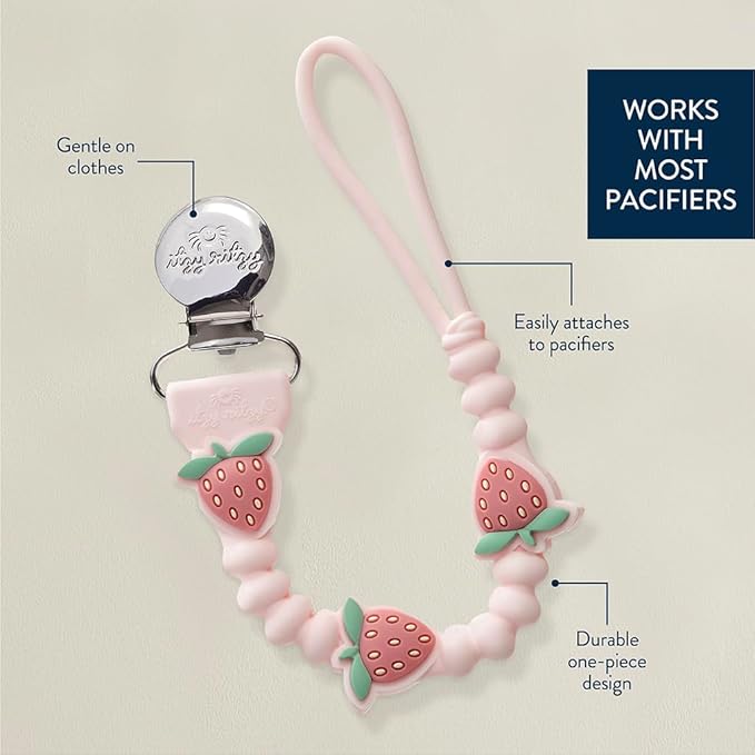 Itzy Ritzy Silicone Pacifier Clip – 100% Food Grade Silicone Pacifier Strap with Clip Keeps Pacifiers, Teethers & Small Toys in Place – Features One-Piece Design & Cord (Strawberry)