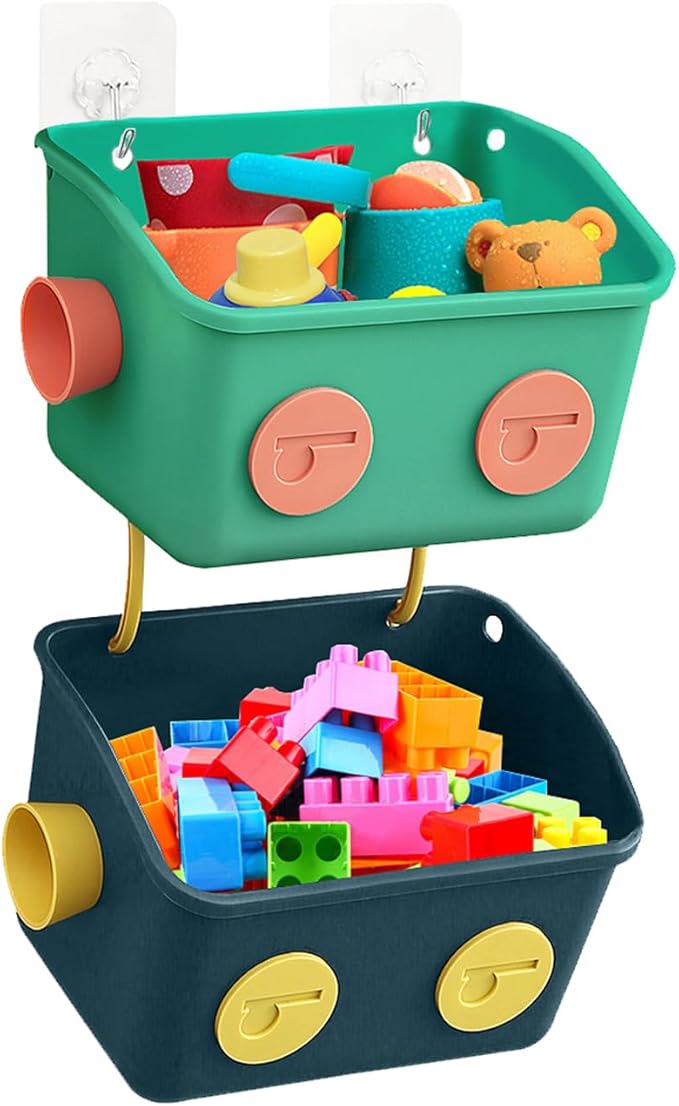 Bath Toy Storage Organizer Basket, 2 Pack Cute Robot Bathtub Shower Toy Organizer, Wall Mounted Hanging Bath Toy Holder with Hooks, for Tub Laundry