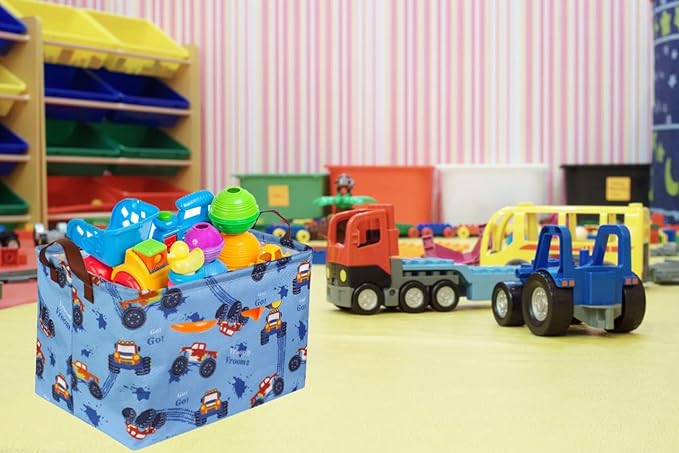 Sanjiaofen Rectangular Monster Truck Basket Organizer.Kids Baskets,Boys Storage Basket with Handles.Car Bins for Kids,Books, Gifts Storage. (Monster Trucks )