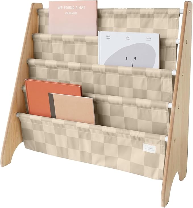 3 Sprouts Recycled Fabric Kids Bookshelf – 4-Tier Sling Book Rack Organizer - Nursery Room Playroom Classroom Wooden Book Shelves - Kid Bookcase Wood Storage Shelf for Toddler Age 3+ - Checkered Beige